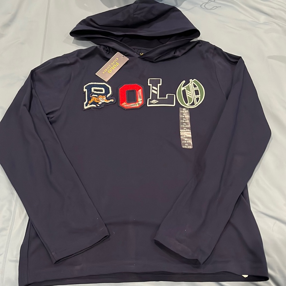 NWT Polo Ralph Lauren long sleeve hooded shirt with appliquéd “P” & “O”